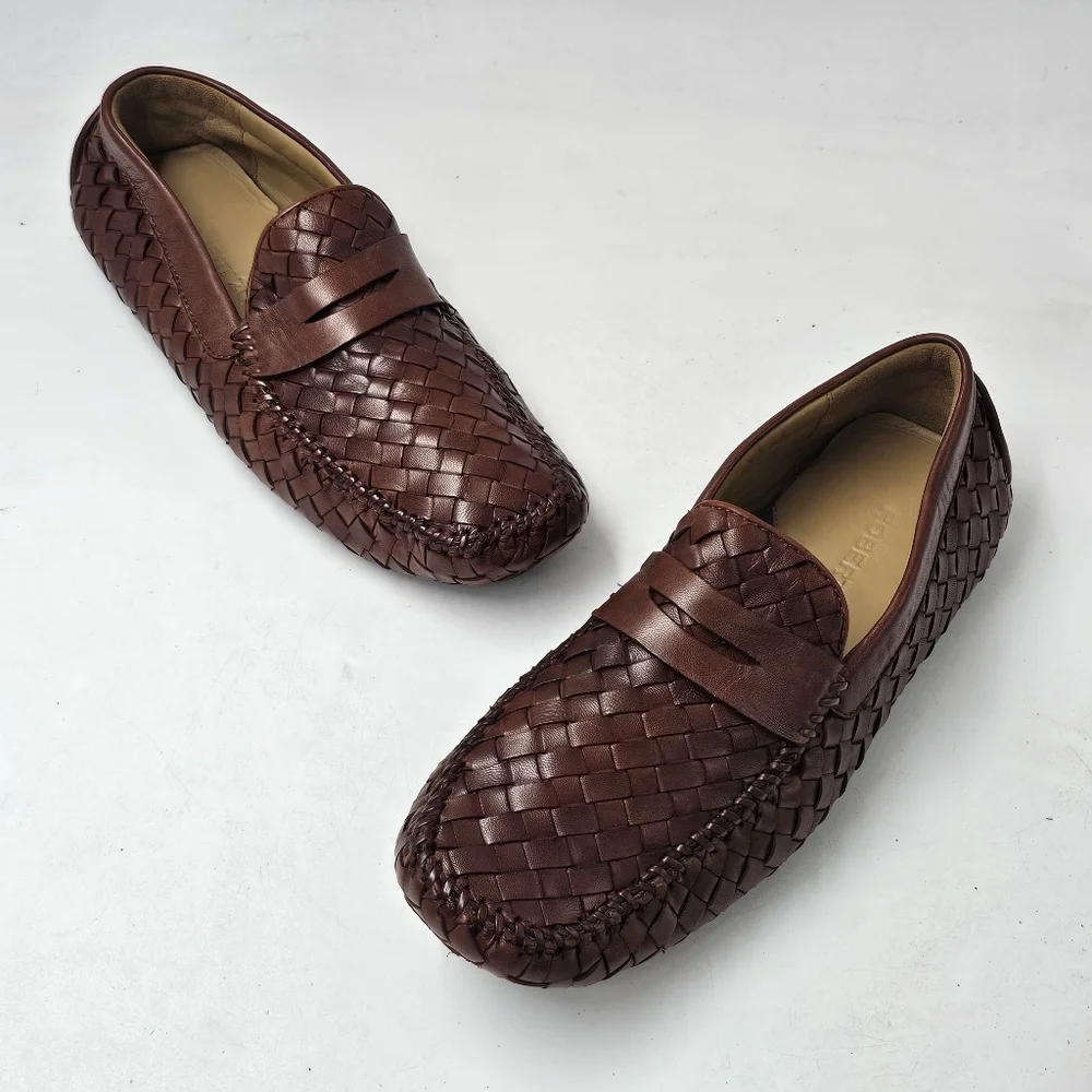 Robert Zur San Tropez Woven Leather Penny Loafers Cognac Mens Size 8 Driver